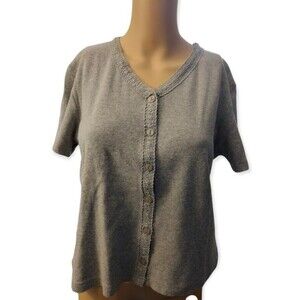 Copper Key Top Gray V Neck Button Up Lace Trim Short Sleeve Size L Casual